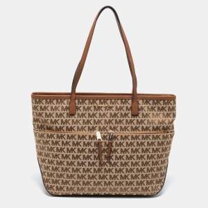 Pre Owned حقيبة يد توتس مايكل كورس كمبتون جلد وكانفاس بيج / بني بالشعار