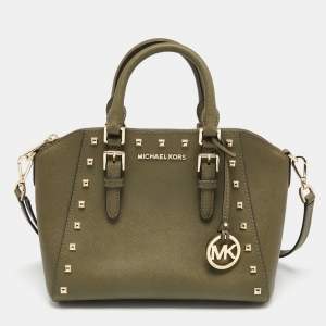 Pre Owned MICHAEL Michael Kors Olive Green Leather Studded Ciara Satchel