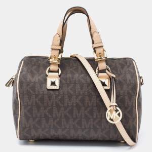 Pre Owned MICHAEL Michael Kors Brown/Beige Signature Coated Canvas and Leather Grayson Boston Bag