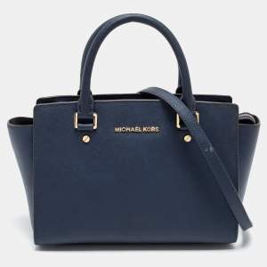 Pre Owned MICHAEL Michael Kors Navy Blue Leather Medium Selma Satchel