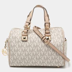 MICHAEL Michael Kors White/Beige Signature Coated Canvas and Leather Grayson Boston Bag