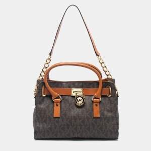 مملوكة مسبقًا MICHAEL Michael Kors Brown Signature Coated Canvas And Leather Medium East West Hamilton Tote