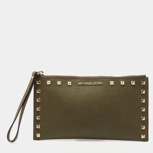 MICHAEL Michael Kors Olive Green Studded Leather Large Sandrine Zip Clutch
