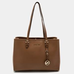 Pre Owned Michael Kors Brown Saffiano Leather Large Jet Set Travel Tote