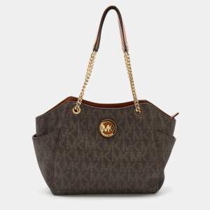 MICHALE Michael Kors Brown Signature Coated Canvas Jet Set Travel Chain Tote