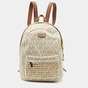 MICHAEL Michael Kors Brown/Cream Signature Coated Canvas and Leather Studded Backpack
