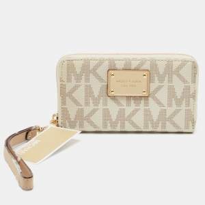 MICHAEL Michael Kors White/Beige Signature Coated Canvas Zip Around Wristlet Wallet