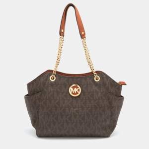 مملوكة مسبقًا MICHAEL Michael Kors Brown Signature Coated Canvas and Leather Jet Set Travel Chain Shoulder Bag