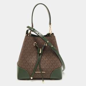 Pre Owned MICHAEL Michael Kors Green/Brown Signature Coated Canvas and Leather Mercer Drawstring Bucket Bag 