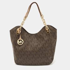 Pre Owned MICHAEL Michael Kors Brown Signature Coated Canvas and Leather Lilly Tote