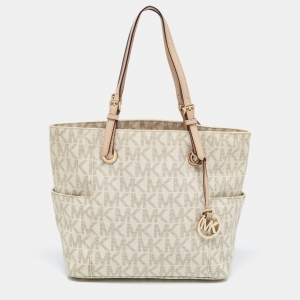 Pre Owned MICHAEL Michael Kors Off White/Beige Signature Coated Canvas and Leather Jet Set East West Tote
