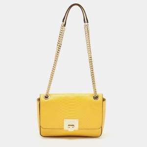 مملوكة مسبقًا MICHAEL Michael Kors Yellow Python Embossed Leather Flap Shoulder Bag
