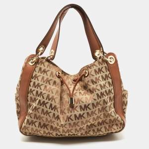 MICHAEL Michael Kors Beige/Brown Signature Canvas and Leather Sided Pocket Bag