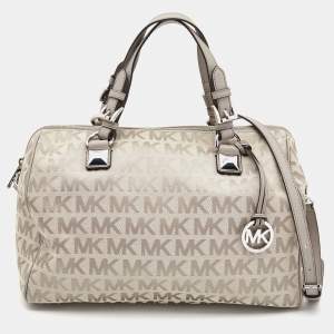 Pre Owned MICHAEL Michael Kors Grey Signature Coated Canvas and Leather Grayson Boston Bag