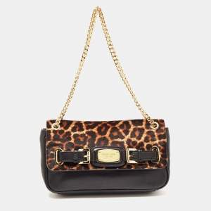 مملوكة مسبقًا MICHAEL Michael Kors Black/Brown Leopard Calfhair and Leather Buckle Flap Shoulder Bag