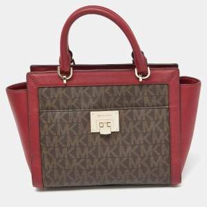 MICHAEL Micheal Kors Brown/Red Signature Coated Canvas and Leather Tina Satchel
