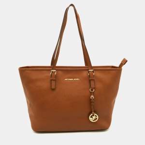 مملوكة مسبقًا MICHAEL Michael Kors Brown Leather Medium Zip Jet Set Travel Tote