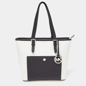 MICHAEL Michael Kors White/Black Leather Jet Set Snap Pocket Tote