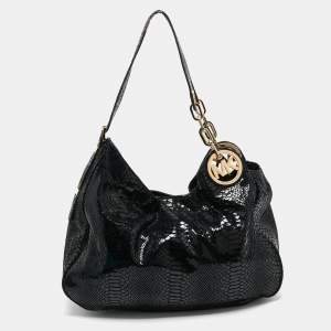 MICHAEL Michael Kors Black Snakeskin Embossed Leather Fulton Slouchy Hobo