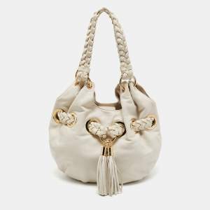 مملوكة مسبقًا MICHAEL Michael Kors White Leather Woven Drawstring Hobo
