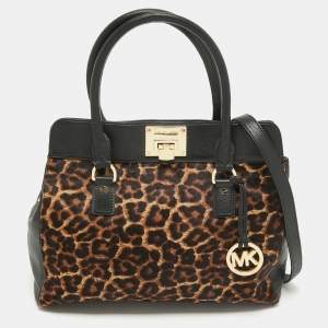 Pre Owned MICHAEL Michael Kors Black/Brown Leopard Print Calfhair and Leather Astrid Tote