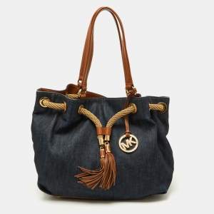 Pre Owned MICHAEL Michael Kors Navy Blue/Brown Denim and Leather Marina Drawstring Bucket Bag