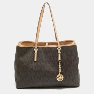 MICHAEL Michael Kors Dark Brown Signature Coated Canvas Large Jet Set Travel Tote