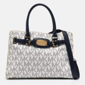 MICHAEL Michael Kors White/Blue Signature Coated Canvas East West Hamilton Tote