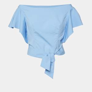 Milly Blue Cotton Off-Shoulder Tie-Up Waist Detail Top S