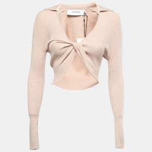 Misha Beige Ribbed Knit Knotted Cropped Top XS