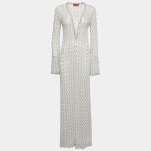 Missoni Mare White Lurex Knit Front Tie Long Sleeve Slit Maxi Dress M