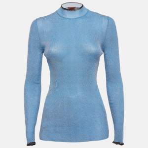 Missoni Blue Lurex Rib Knit Mock Neck Top M