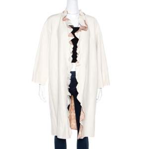 Missoni Off White Silk and Linen Blend Ruffle Detail Contrast Lined Long Coat M