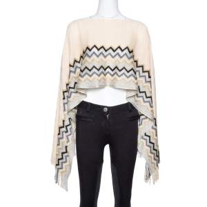 Pre Owned Missoni Cream Lurex Chevron Wool Knit Poncho (One Size)