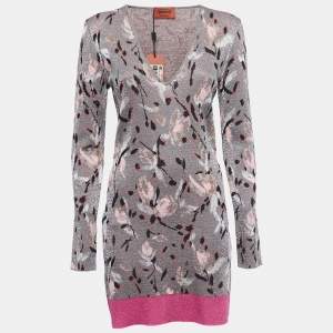 Pre Owned Missoni Grey Patterned Lurex Knit Long Sleeve Mini Dress M