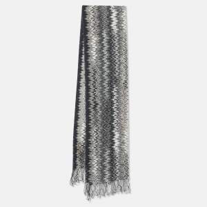 Missoni Grey Zig Zag Pattern Wool Knit Fringed Stole 