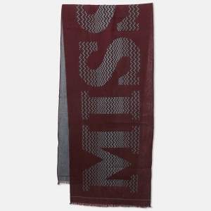 Pre Owned Missoni Burgundy Logo Patterned Wool Fringed Scarf