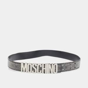 Moschino Black/Grey Printed Leather Classic Logo Waist Belt