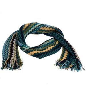 Pre Owned Missoni Multicolor Zig Zag Knit Fringed Wool Blend Scarf
