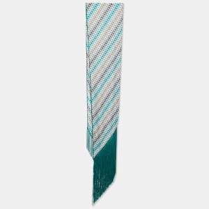 Missoni Green Check Pattern Knit Fringed Stole