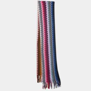 Pre Owned Missoni Multicolor Zig Zag Knit Cotton Knit Fringed Scarf