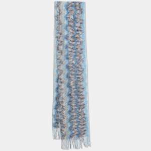 Missoni Vintage Blue Patterned Knit Fringed Scarf