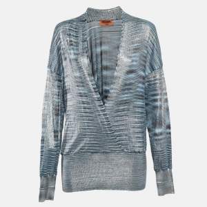 Missoni Metallic/Blue Lurex Knit Drape Neck Top L