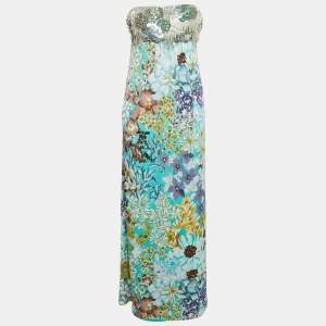 Pre Owned Missoni Multicolor Floral Print Embellished Silk Strapless Long Dress L