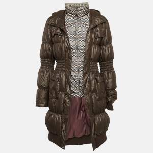 Missoni Olive Green Chevron Print Nylon Shirring Puffer Down Jacket M