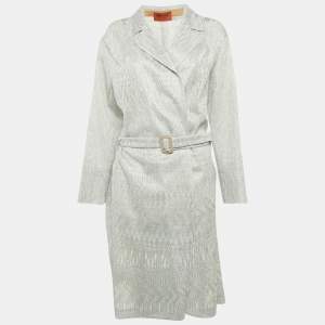 Missoni Blue Patterned Lurex Mesh Belted Overcoat L