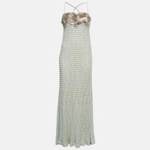 Pre Owned Missoni Blue Embellished Crochet Knit Strappy Maxi Dress S