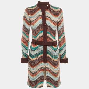 Missoni Multicolor Zig Zag Wool Knit Belted Coat S