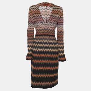 Pre Owned Missoni Multicolor Zig Zag Print Rib Knit Long Sleeve V Neck Midi Dress M