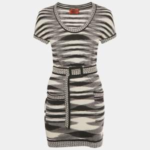 Pre Owned Missoni Black & White Patterned Wool Knit Belted Mini Dress S